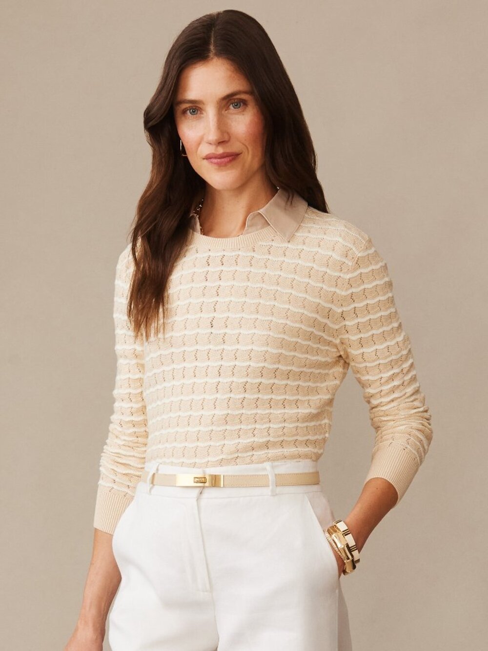 J McLaughlin Brenna Sweater in Stripe - Oatmeal/Off White NEW